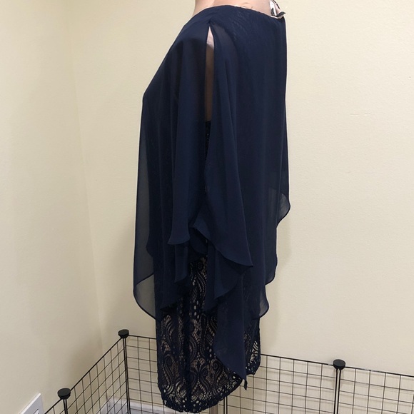 NWT Connected Apparel Dress Size 10P Navy Blue Lace Chiffon Overlay Sheath